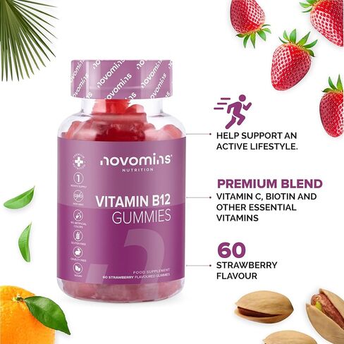 علكة فيتامين ب12 من نوفومين - مكمل لدعم الطاقة والتمثيل الغذائي عالي القوة - فيتامين ب12 1000 ميكروجرام - نباتي، غير معدّل وراثيًا - غني بفيتامين C، B1، B2، B6، البيوتين - مصنوع in Kuwait