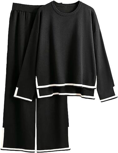 Women's 2 Piece Outfits Pullover Sweatsuit Knit Sweater Top High Waist Wide Leg Pants Lounge Sets Tracksuits in Saudi Arabia
