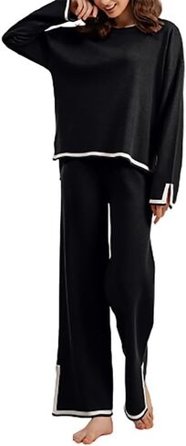 Women's 2 Piece Outfits Pullover Sweatsuit Knit Sweater Top High Waist Wide Leg Pants Lounge Sets Tracksuits in Saudi Arabia