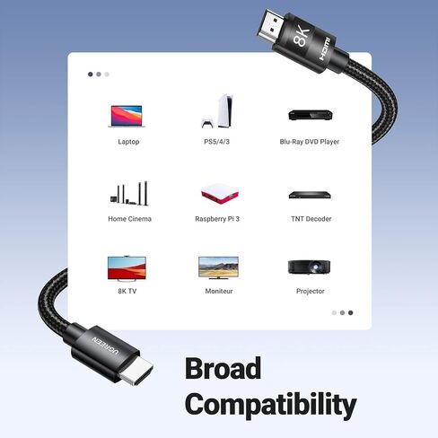 كابل UGREEN HDMI 2.1 8K 6.6FT فائق السرعة HDMI سلك مضفر 48 جيجابت في الثانية 4K@240 هرتز 10K 8K@60 هرتز يدعم ديناميكي HDR eARC Dolby Atmos HDCP متوافق مع PS5 PS4 Xbox Roku TV HDTV Blu-ray Projector in Kuwait