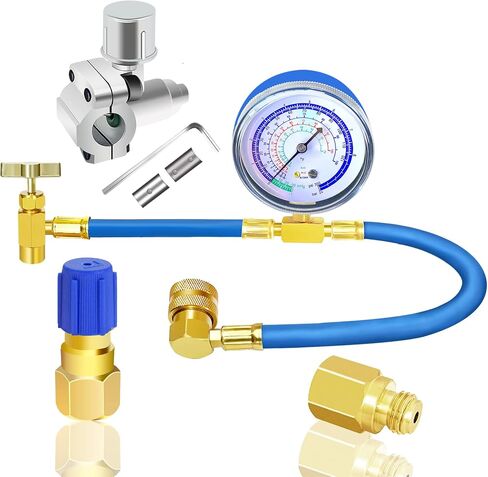 مجموعة خرطوم إعادة شحن غاز التبريد R134a - مجموعة خرطوم شحن الفريون A/C، مع صمام صنبور ثقب الرصاصة BPV-31، وصمام تعديل التيار المتردد، ومحول الغلق الذاتي R134a، لنظام تبريد مكيف الهواء بالمنزل/السيارة in Saudi Arabia