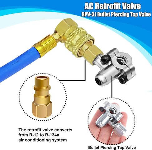 مجموعة خرطوم إعادة شحن غاز التبريد R134a - مجموعة خرطوم شحن الفريون A/C، مع صمام صنبور ثقب الرصاصة BPV-31، وصمام تعديل التيار المتردد، ومحول الغلق الذاتي R134a، لنظام تبريد مكيف الهواء بالمنزل/السيارة in Saudi Arabia