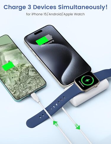 RORRY Mini Portable Charger for iPhone 15, Built-in Foldable USB-C Connector Power Bank, 5000mAh 15W Fast Charging Small Battery Pack for iPhone 15/15 Plus/15 Pro/15 Pro Max, Apple Watch, White in Saudi Arabia