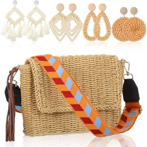 Abbylike Summer Handmade Straw Crossbody Bag for Women with 4 Rattan Earrings for Women Vacation Bohemian Supplies