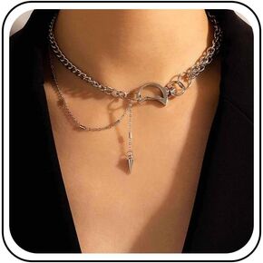 Punk Spike Y Lariat Necklace Silver Crescent Moon Necklace Layered Chunky Curb Chain Necklace personalized Circle Choker Necklace Jewelry for Women
