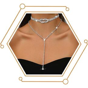 CanB Rhinestone Long Necklace for Women Silver Choker Necklaces Drop Dainty Lariat Y Necklace Chain