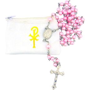 Catholic Brands Catholic Women or Girls Pink Glass Bead Rosary with White Zipper Vinyl Case