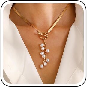 Boho Pearl Y Lariat Necklace Gold Herringbone Choker Necklace Long Pearl Tassel Pendant Necklace Pearl Clasp Toggle Necklace Snake Pearl Y Drop Necklace Wedding Jewelry for Women