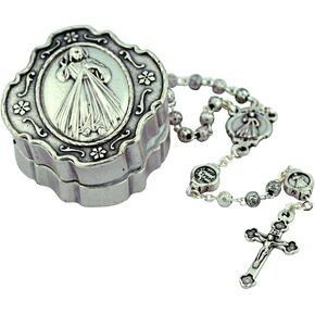 Mini Rosary Gift Set | Over 15 Subjects and Styles | Large Case | Colored Enamel Accents | Christian Jewelry (Divine Mercy - Plain Enamel)