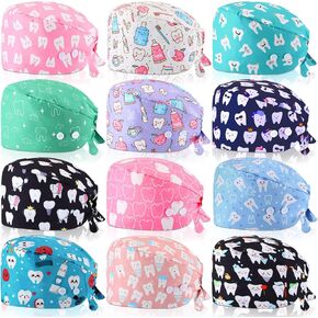 12 Pcs Working Caps for Women Adjustable Nurse Scrub Cap Elastic Dentist Scrub Hats Multicolored Teeth Pattern Working Hats Bulk with Button and Sweatband for Men in Saudi Arabia