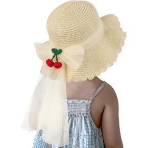 Kids Straw Hat Breathable Cute Lace Summer Wide Brim Sun Hat with Pears Bow Tie for Girls Outdoor