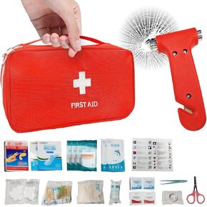145 Pcs Car First Aid Kit with Window Breaker Seatbelt Cutter, Red Small Emergency Kit Includes Gauze Band Aid Bandages Wipes Emergency Supplies, Waterproof Medical Kit for Car, Home, Keep Going