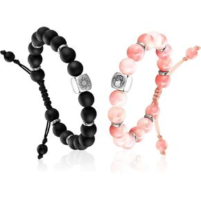 Elegant Beaded Bracelets - Natural Stone & Stainless Steel Healing Energy Jewelry for Couple Lover, Adjustable Sun and Moon Non-Smart Bracelet Set with Positive Meaning, Perfect Friendship Gifts