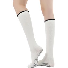 Yoga Pilates Socks with Grips Ruffle Trim Non Slip Cushioned Knee Highs Over the Calf Socks for Barre Ballet Dance