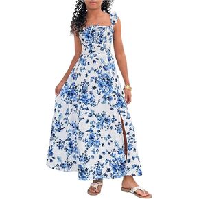 Girl's Floral Cami Maxi Dress Split Thigh Sleeveless Shirred Flowy Dresses