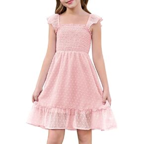 Haloumoning Girls Summer Midi Dress Swiss Dot Smocked Sundress Ruffle Sleeve Square Neck Chiffon A-line Flowy Dresses