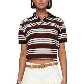 Women Y2k Polo Shirts Short Sleeve Stripe Lapel Blouse Slim Fit Color Blocked Tee Shirt Casual Sportswear