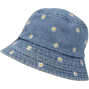 Blue Unisex Adults Teens Daisy Beach Sun Hat, Cotton Blend Bucket Hat, Size M (56-58cm), Avant-Garde Casual, Moderate Sun Protection