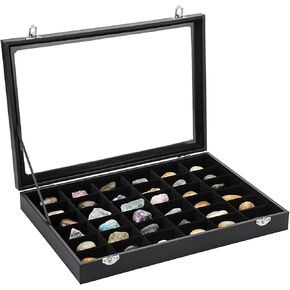 Hipiwe Rock Collections Display Case 36 Grid Rock Collection Box Black Velvet Jewelry Trays with Clear Lid PU Leather Crystal Organizer Case for Gemstones, Pendants, Rocks Collectibles