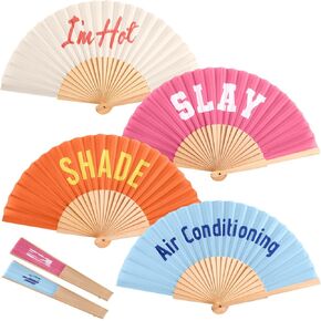 Maxdot 4 Pcs Handheld Folding Fan with Message, Vintage Wood Handheld Rave Folding Fan for Women, Wedding, Party Favor, Line Dancing, Decor, Music Festival Essentials Gifts(Stylish)