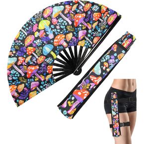 كبيرة من المروحة من المعجبين بامبو قابلة للطي Clack UV Glow Hand Hand Fan Handheld مع المعجبين الحافظة للرجال مهرجان EDM Music Festival Freaky Party Club Dance Decoration
