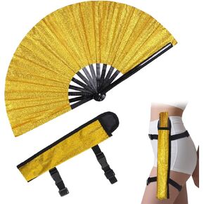 Large Folding Hand Fan Glitter Rave Bamboo Handheld Fans with holster for Party Cooling Dance Gift Decoration (Black)