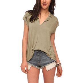 LAVASEON Womens V Neck Polo Shirts Short Sleeve Casual Tunic Blouses Collared Shirts