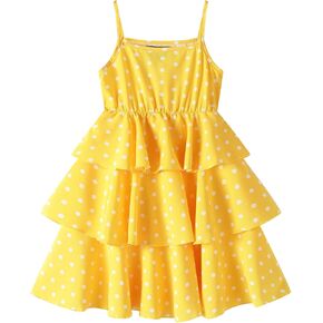 LittleSpring Girls Summer Polka Dot Spaghetti Strap Tiered Dress