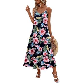 Zeagoo Womens Summer Maxi Dress Spaghetti Strap Casual Printed Dress Boho Floral Beach Sundress,