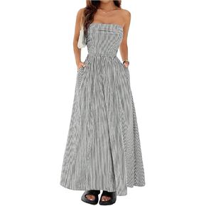 فستان Milumia للنساء المخطط Maxi Maxi Frick Frud Tube Top Top Long Dresses with Pocket