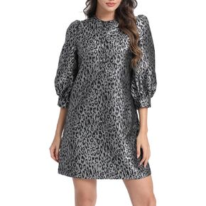Ladyful Women's Floral Jacquard Dress Crewneck 3/4 Puff Sleeve Button Up Elegant Business Shift Mini Dress