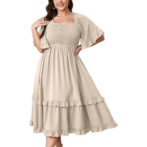 SCOMCHIC Women's Plus Size Maxi Dresses Summer Short Sleeve Square Neck Smocked Wedding Guest Cocktail Boho Long Dress