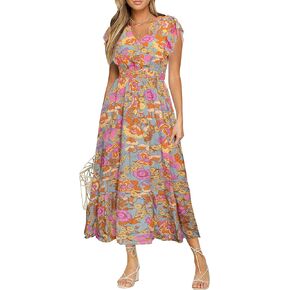 BerryGo Womens Summer Floral Maxi Dress Casual Boho V Neck Ruffle Short Sleeve Beach Long Dresses with Pockets