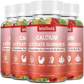 Calcium 1200mg with Vitamin D3, K2, Calcium Citrate Gummies with Magnesium Zinc, Calcium Supplements for Women for Bones Strength, Muscle & Immune Support, 60 Chewable Gummies