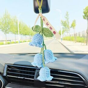 زخرفة شنقا للسيارة ، crochet convallaria view view mirror decoration ، مرآة معلقة بالسيارة الإكسسوارات الداخلية للسيارة الخلفية المرآة ، شنق البستنة (الأزرق)
