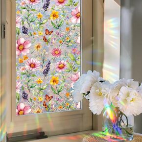 Window Film, Stain Daisy Glass Film Rainbow Flowers Static Glass Window Clings Stickers for Home Office Living Room Bedroom Glass Windows Door Decor