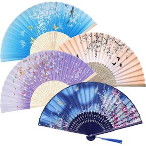 4 Pcs Handheld Fans, Silk Bamboo Folding Fans with Tassel, Chinese/Japanese Fans for Dancing Cosplay Wedding Party Props Decoration Festival Birthday