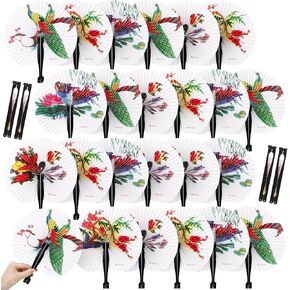 Geelin 24 Pcs Chinese Handheld Folding Paper Fan Chinese Oriental Floral Wedding Round Shaped Accordion Fan with Plastic Handle for Wedding Birthday Party Favors Supplies Home Decoration