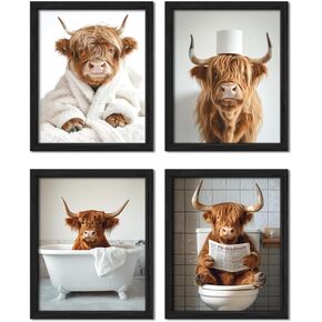 ZXDZSM Highland Cow Funny Bathroom Decor Wall Art,Funny Bathroom Signs Animal Canvas Wall Art, Highland Cow Art Prints, Farmhouse Wall Decor,(8x10inch,4pcs,UNFRAMED)