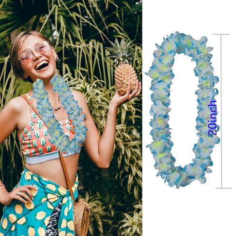 Leis for Luau Party ، 48counts قلادات هاواي للزهرة السائبة الاستوائية لون واحد لاي مجموعة ، شاطئ عيد ميلاد الحفل البرتقالي الأرجواني الأبيض الملحقات للنساء الرجال (48 قطعة زرقاء) in Kuwait