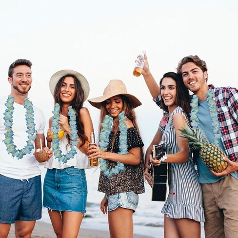 Leis for Luau Party ، 48counts قلادات هاواي للزهرة السائبة الاستوائية لون واحد لاي مجموعة ، شاطئ عيد ميلاد الحفل البرتقالي الأرجواني الأبيض الملحقات للنساء الرجال (48 قطعة زرقاء) in Kuwait