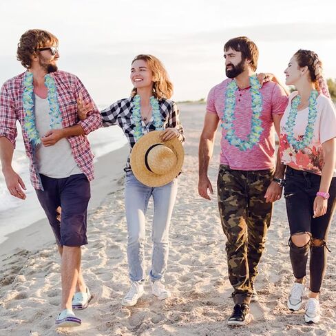 Leis for Luau Party ، 48counts قلادات هاواي للزهرة السائبة الاستوائية لون واحد لاي مجموعة ، شاطئ عيد ميلاد الحفل البرتقالي الأرجواني الأبيض الملحقات للنساء الرجال (48 قطعة زرقاء) in Kuwait