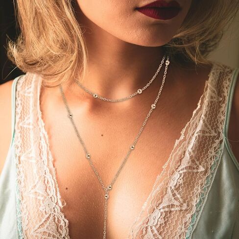 Long Layered Necklace for Women, Trendy Lariat Y-Shaped Drop Necklaces Simple Beaded Chain Pendant Necklace Fashion Jewelry Gift in Saudi Arabia
