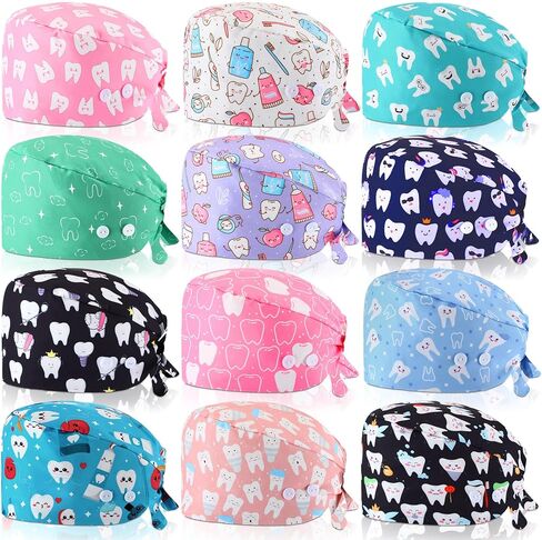 12 Pcs Working Caps for Women Adjustable Nurse Scrub Cap Elastic Dentist Scrub Hats Multicolored Teeth Pattern Working Hats Bulk with Button and Sweatband for Men in Saudi Arabia