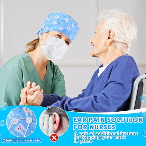 12 Pcs Working Caps for Women Adjustable Nurse Scrub Cap Elastic Dentist Scrub Hats Multicolored Teeth Pattern Working Hats Bulk with Button and Sweatband for Men in Saudi Arabia
