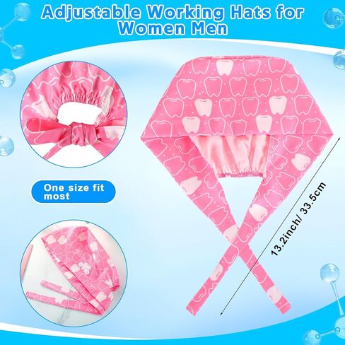 12 Pcs Working Caps for Women Adjustable Nurse Scrub Cap Elastic Dentist Scrub Hats Multicolored Teeth Pattern Working Hats Bulk with Button and Sweatband for Men in Saudi Arabia
