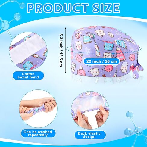 12 Pcs Working Caps for Women Adjustable Nurse Scrub Cap Elastic Dentist Scrub Hats Multicolored Teeth Pattern Working Hats Bulk with Button and Sweatband for Men in Saudi Arabia