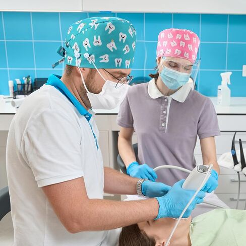 12 Pcs Working Caps for Women Adjustable Nurse Scrub Cap Elastic Dentist Scrub Hats Multicolored Teeth Pattern Working Hats Bulk with Button and Sweatband for Men in Saudi Arabia