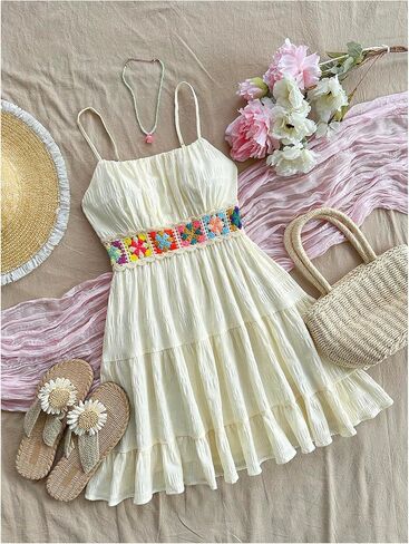 Girl's Floral Embroidery Tiered Summer Dress Sleeveless Ruffle A Line Flowy Short Dress Sundress in Saudi Arabia