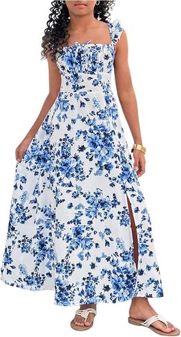 Girl's Floral Cami Maxi Dress Split Thigh Sleeveless Shirred Flowy Dresses in Saudi Arabia